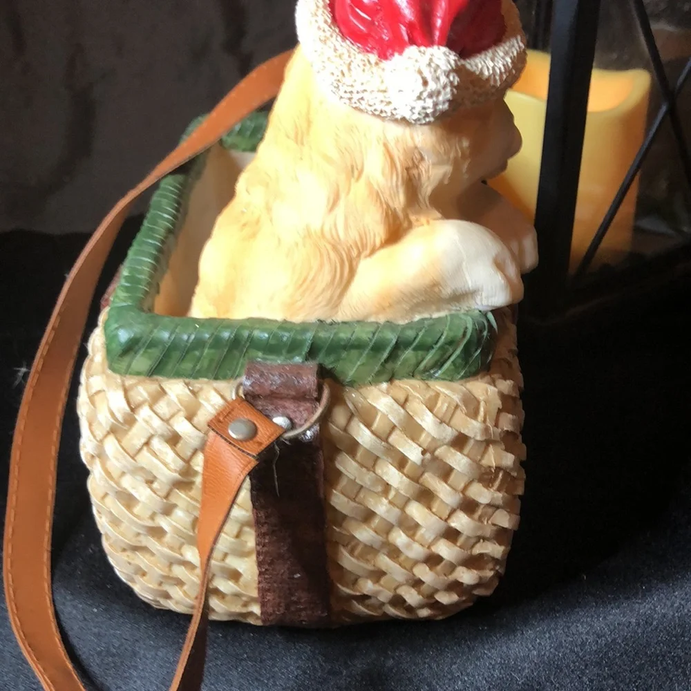 Charming Cat Figurine in Basket with Red Hat